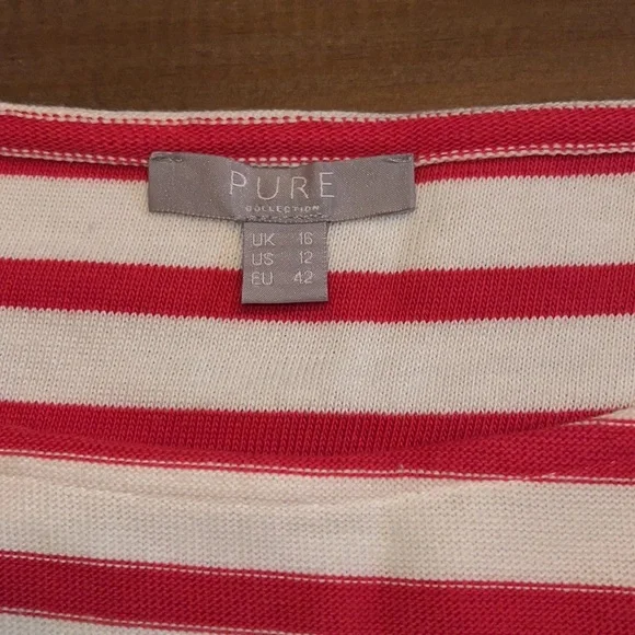 Pure medium cream & coral striped 3/4 bell sleeve French inspired boat neck top - Picture 5 of 6